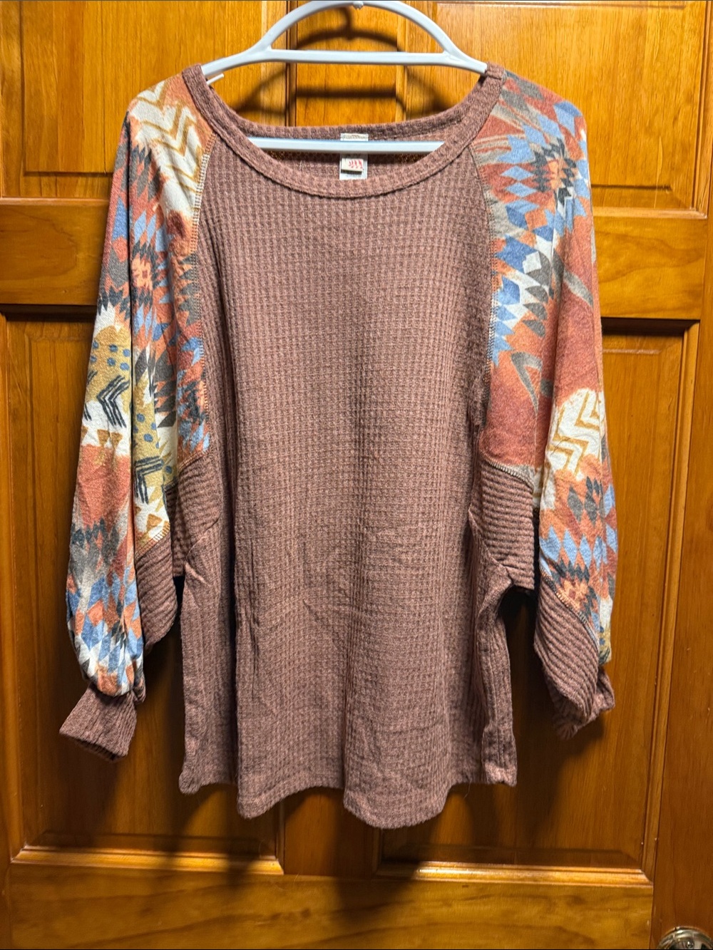 7th Ray Waffle Knit Raglan Top in Rust with Multi-Color Aztec Sleeves